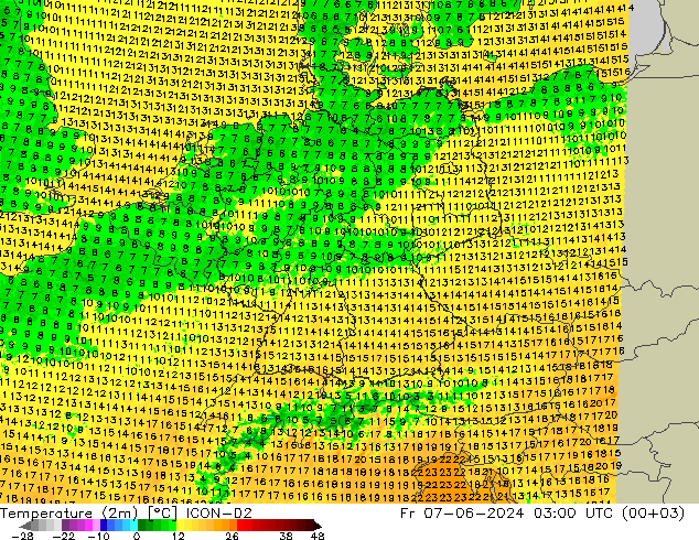 Temperature (2m) ICON-D2 Fr 07.06.2024 03 UTC