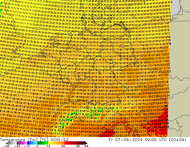 Temperatura (2m) ICON-D2 ven 07.06.2024 09 UTC