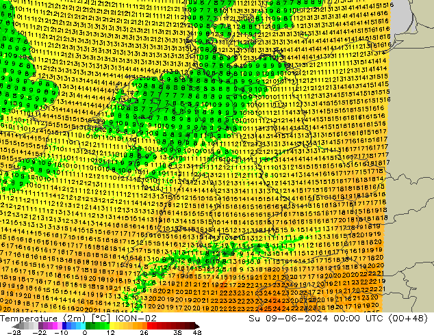 Temperature (2m) ICON-D2 Su 09.06.2024 00 UTC