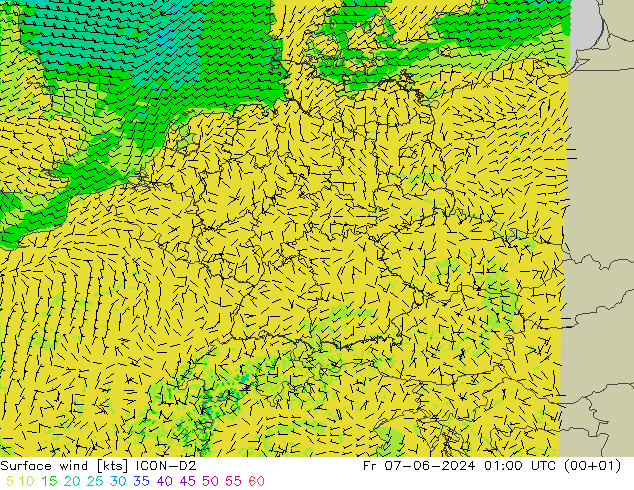 Surface wind ICON-D2 Fr 07.06.2024 01 UTC