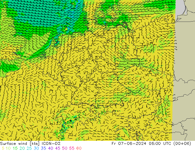 Surface wind ICON-D2 Fr 07.06.2024 06 UTC