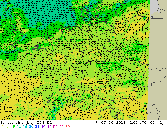 Surface wind ICON-D2 Fr 07.06.2024 12 UTC