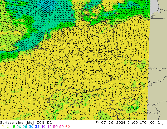 Rüzgar 10 m ICON-D2 Cu 07.06.2024 21 UTC