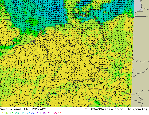 wiatr 10 m ICON-D2 nie. 09.06.2024 00 UTC