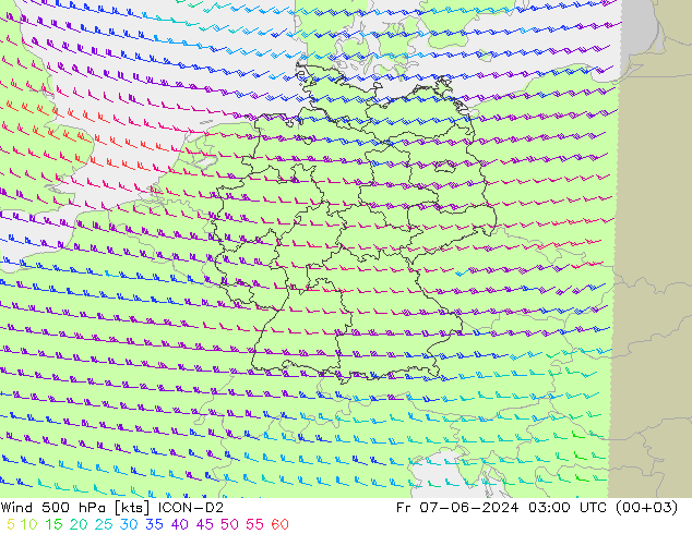 Rüzgar 500 hPa ICON-D2 Cu 07.06.2024 03 UTC