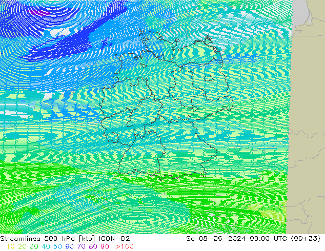 Rüzgar 500 hPa ICON-D2 Cts 08.06.2024 09 UTC