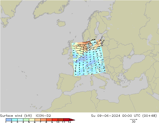 Rüzgar 10 m (bft) ICON-D2 Paz 09.06.2024 00 UTC