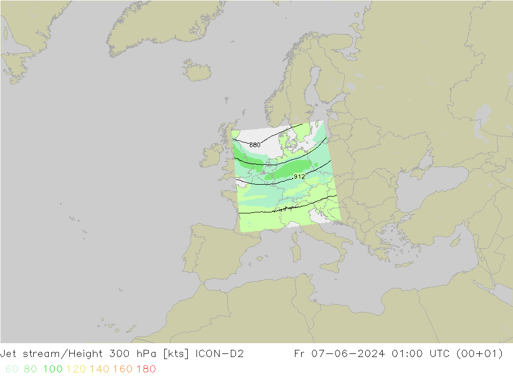 Corriente en chorro ICON-D2 vie 07.06.2024 01 UTC