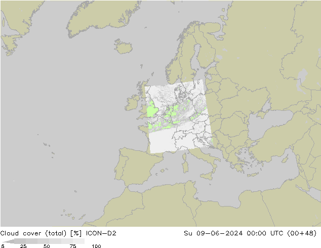 zachmurzenie (suma) ICON-D2 nie. 09.06.2024 00 UTC