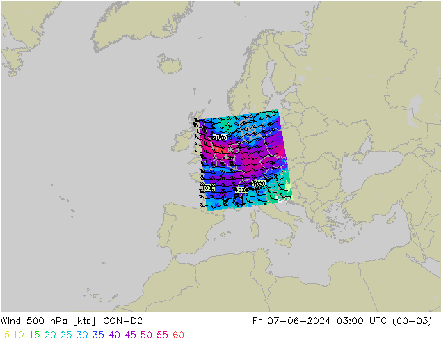 Viento 500 hPa ICON-D2 vie 07.06.2024 03 UTC