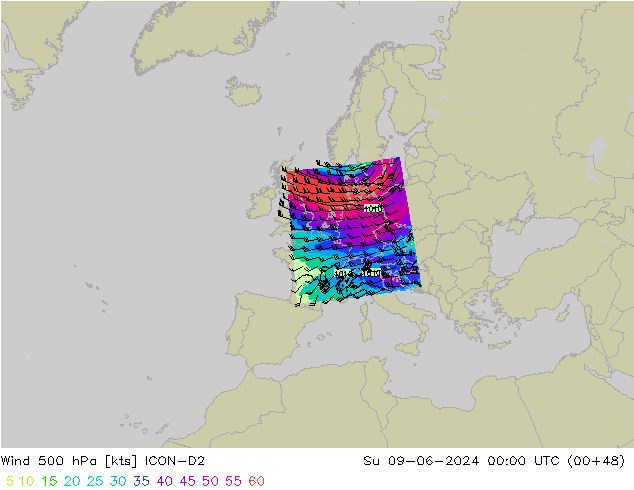 Rüzgar 500 hPa ICON-D2 Paz 09.06.2024 00 UTC