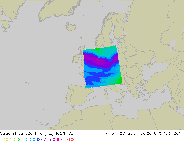 Línea de corriente 300 hPa ICON-D2 vie 07.06.2024 06 UTC