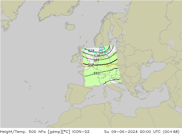 Yükseklik/Sıc. 500 hPa ICON-D2 Paz 09.06.2024 00 UTC