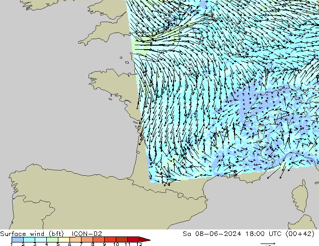 Vento 10 m (bft) ICON-D2 Sáb 08.06.2024 18 UTC
