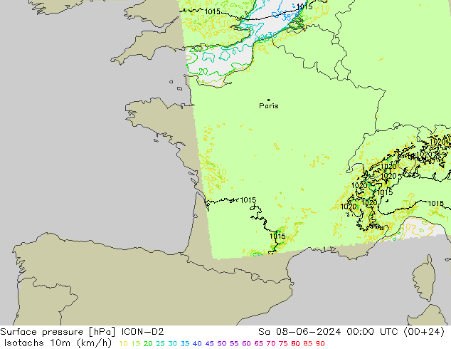 Isotachen (km/h) ICON-D2 Sa 08.06.2024 00 UTC