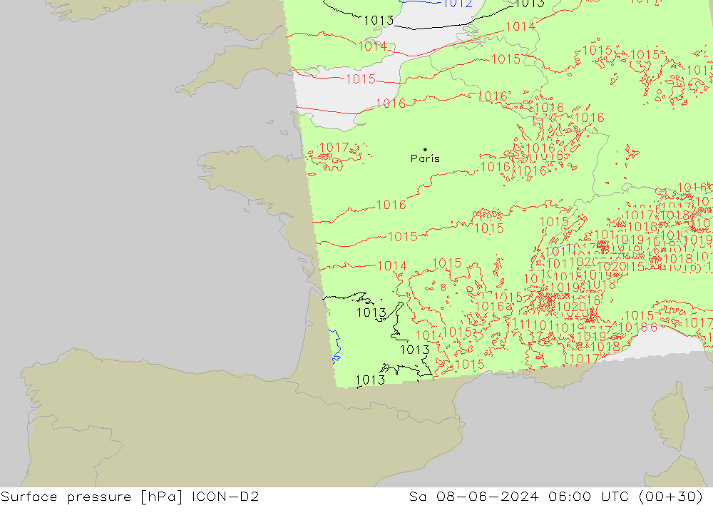 pression de l'air ICON-D2 sam 08.06.2024 06 UTC