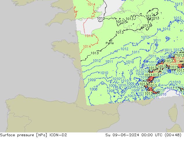 Pressione al suolo ICON-D2 dom 09.06.2024 00 UTC