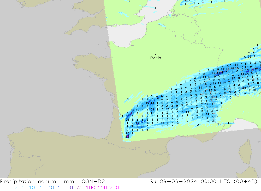 Precipitation accum. ICON-D2 Вс 09.06.2024 00 UTC