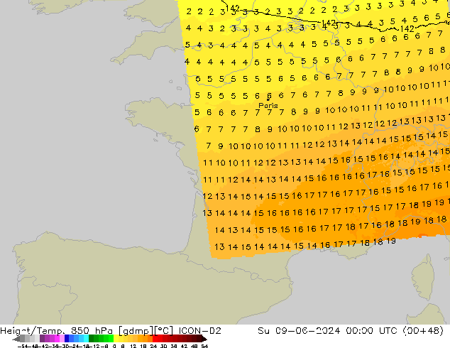 Hoogte/Temp. 850 hPa ICON-D2 zo 09.06.2024 00 UTC