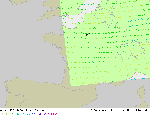 Vento 850 hPa ICON-D2 ven 07.06.2024 06 UTC