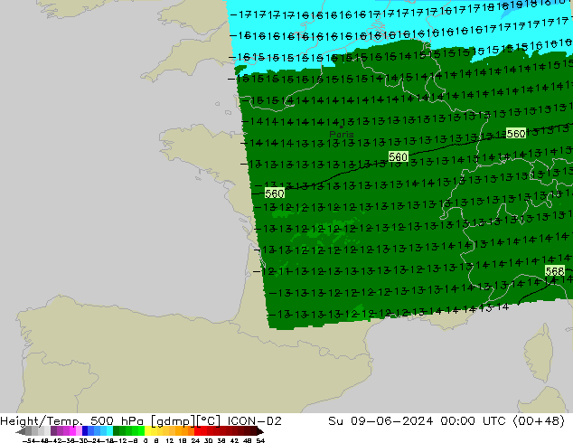 Hoogte/Temp. 500 hPa ICON-D2 zo 09.06.2024 00 UTC