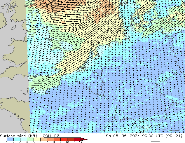 Viento 10 m (bft) ICON-D2 sáb 08.06.2024 00 UTC