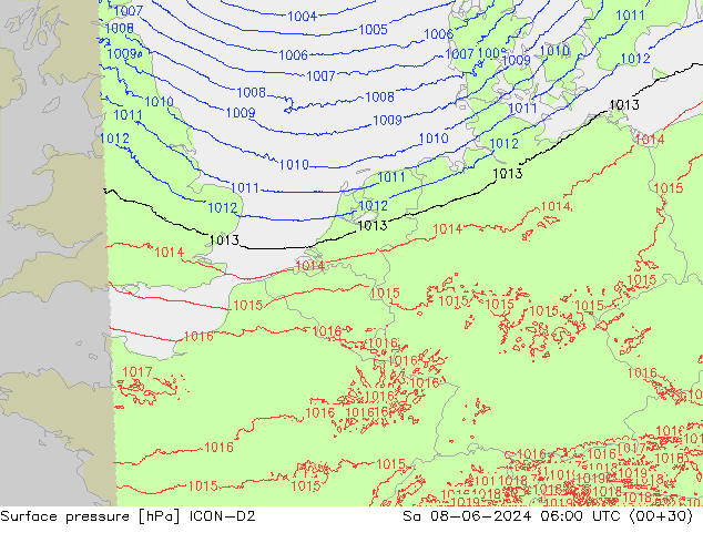 ciśnienie ICON-D2 so. 08.06.2024 06 UTC