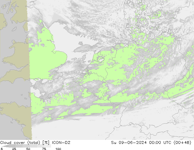 Cloud cover (total) ICON-D2 Ne 09.06.2024 00 UTC