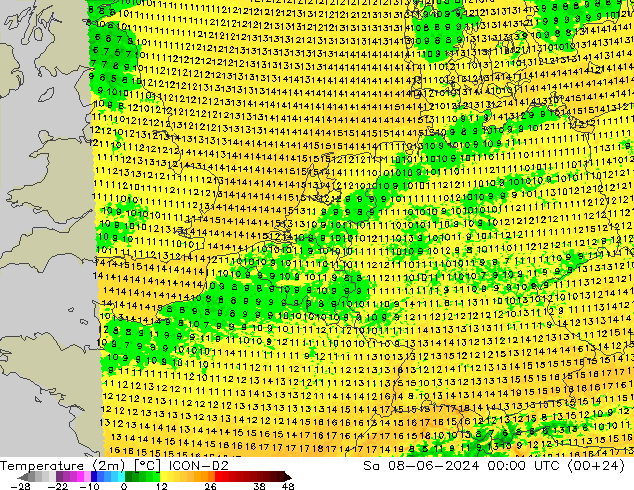 Temperature (2m) ICON-D2 Sa 08.06.2024 00 UTC