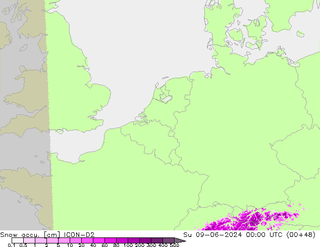 Snow accu. ICON-D2 Dom 09.06.2024 00 UTC