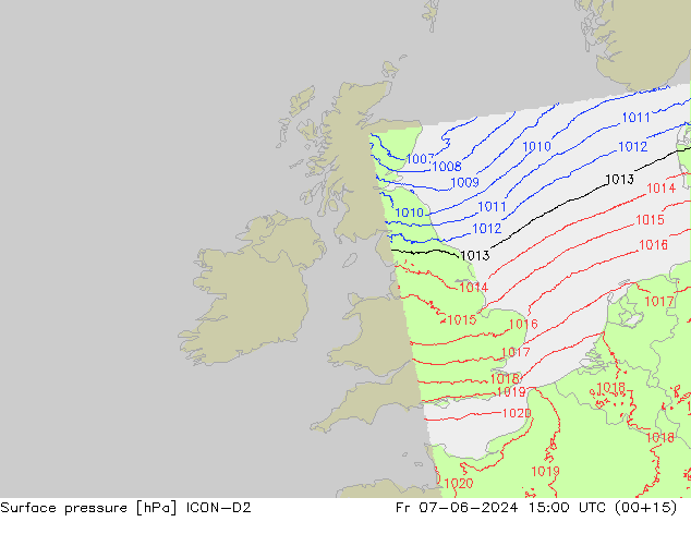 Presión superficial ICON-D2 vie 07.06.2024 15 UTC