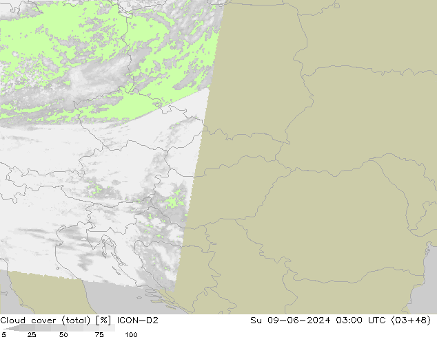 Cloud cover (total) ICON-D2 Su 09.06.2024 03 UTC