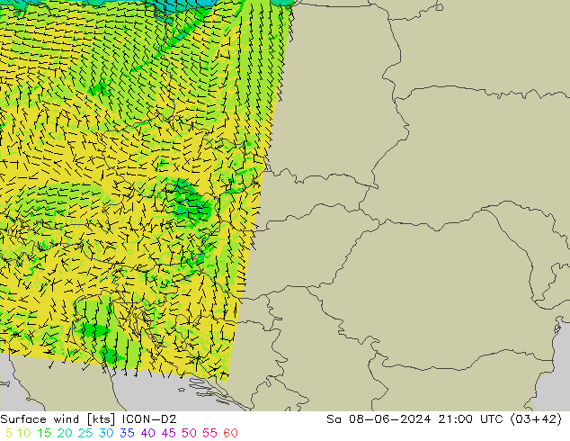 Surface wind ICON-D2 Sa 08.06.2024 21 UTC