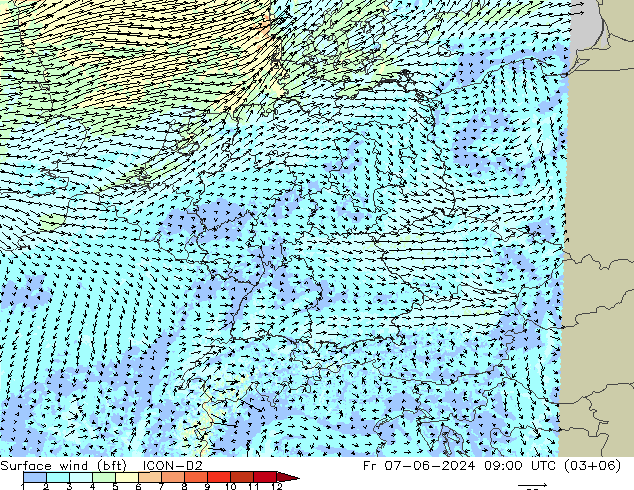 Rüzgar 10 m (bft) ICON-D2 Cu 07.06.2024 09 UTC