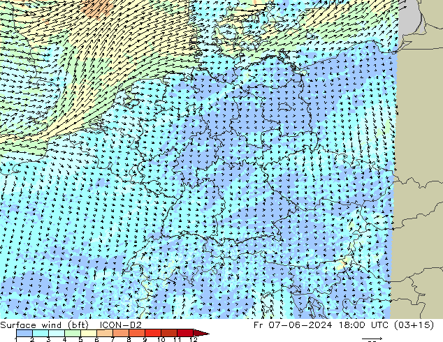Wind 10 m (bft) ICON-D2 vr 07.06.2024 18 UTC
