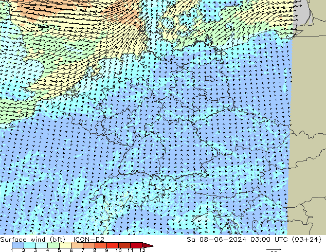 Surface wind (bft) ICON-D2 Sa 08.06.2024 03 UTC