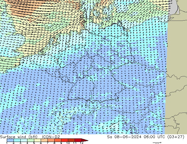 Bodenwind (bft) ICON-D2 Sa 08.06.2024 06 UTC