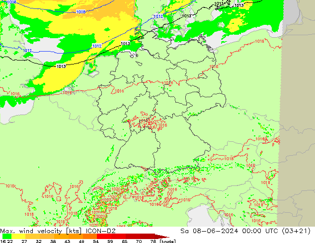 Max. wind velocity ICON-D2 Sáb 08.06.2024 00 UTC