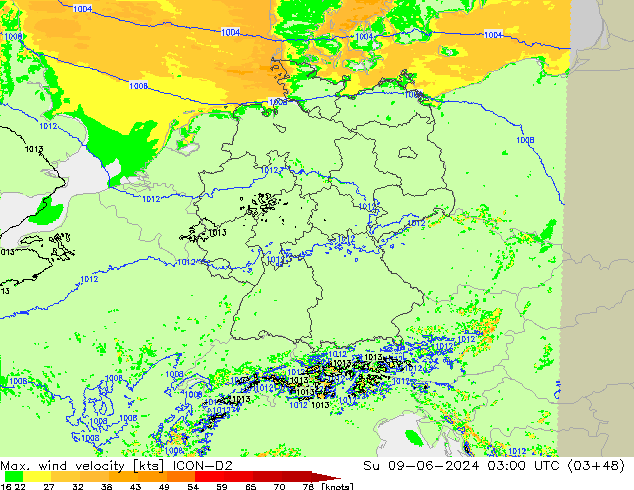 Max. wind snelheid ICON-D2 zo 09.06.2024 03 UTC