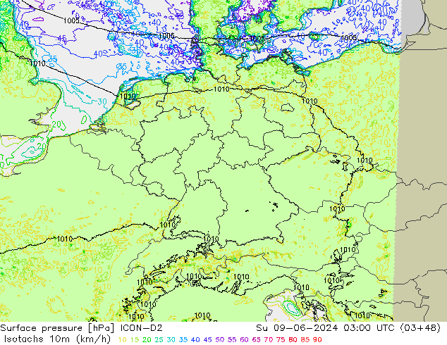 Isotachs (kph) ICON-D2  09.06.2024 03 UTC