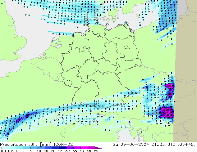 Precipitation (6h) ICON-D2 Su 09.06.2024 03 UTC