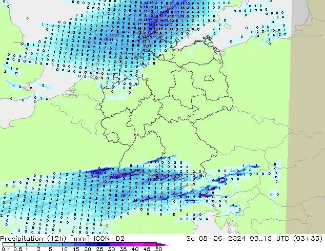 Precipitation (12h) ICON-D2 Sa 08.06.2024 15 UTC