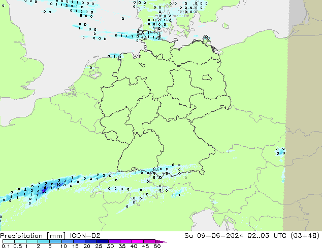 Precipitation ICON-D2 Su 09.06.2024 03 UTC