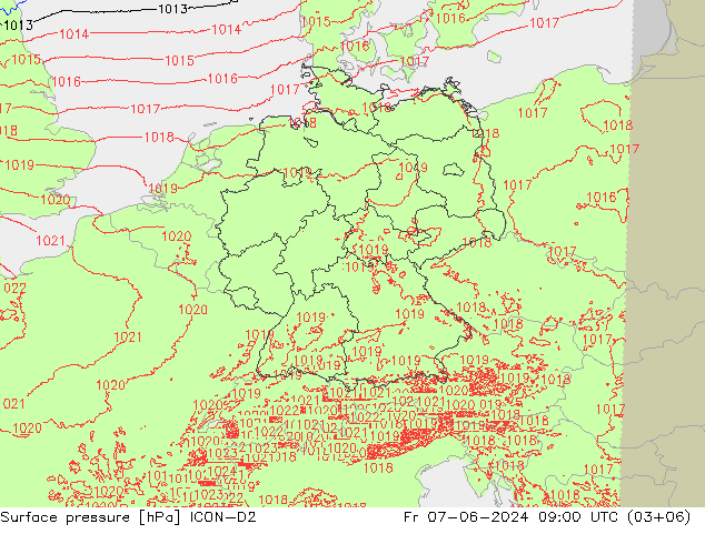 地面气压 ICON-D2 星期五 07.06.2024 09 UTC