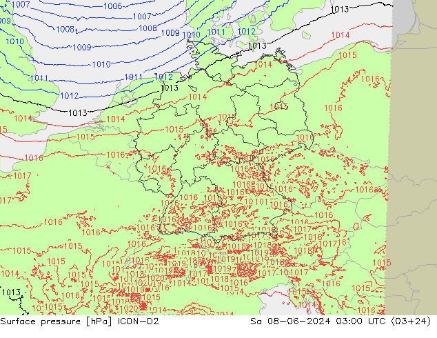 地面气压 ICON-D2 星期六 08.06.2024 03 UTC