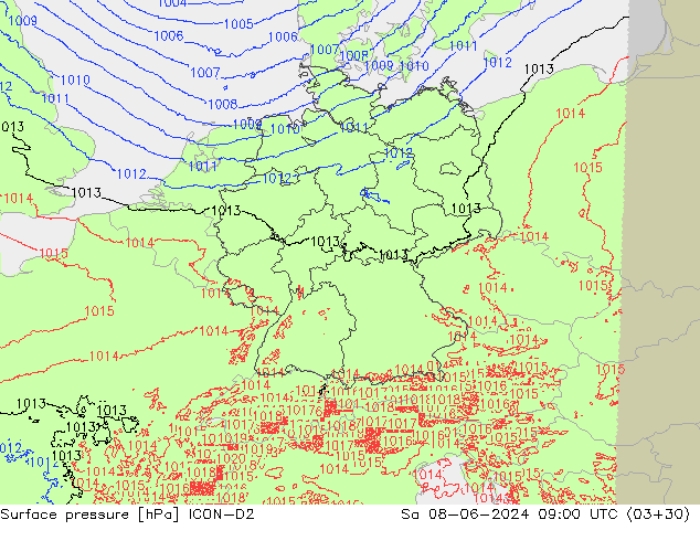 Atmosférický tlak ICON-D2 So 08.06.2024 09 UTC