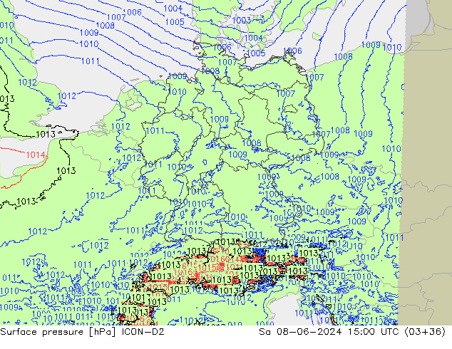 Pressione al suolo ICON-D2 sab 08.06.2024 15 UTC