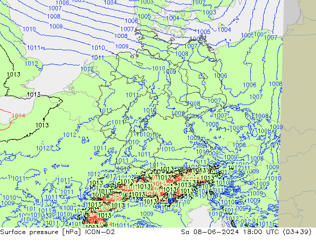 Presión superficial ICON-D2 sáb 08.06.2024 18 UTC