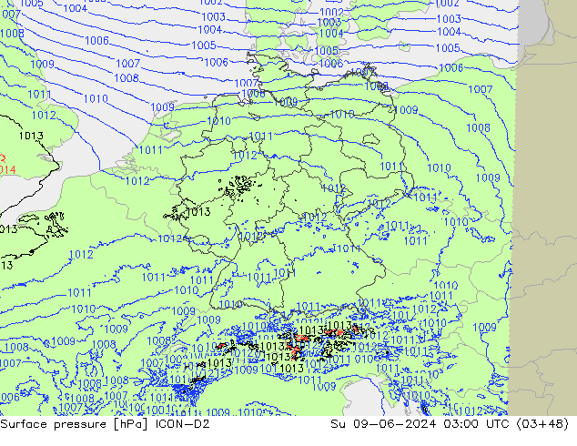 Atmosférický tlak ICON-D2 Ne 09.06.2024 03 UTC