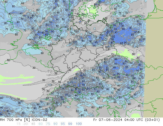 RH 700 hPa ICON-D2 Pá 07.06.2024 04 UTC